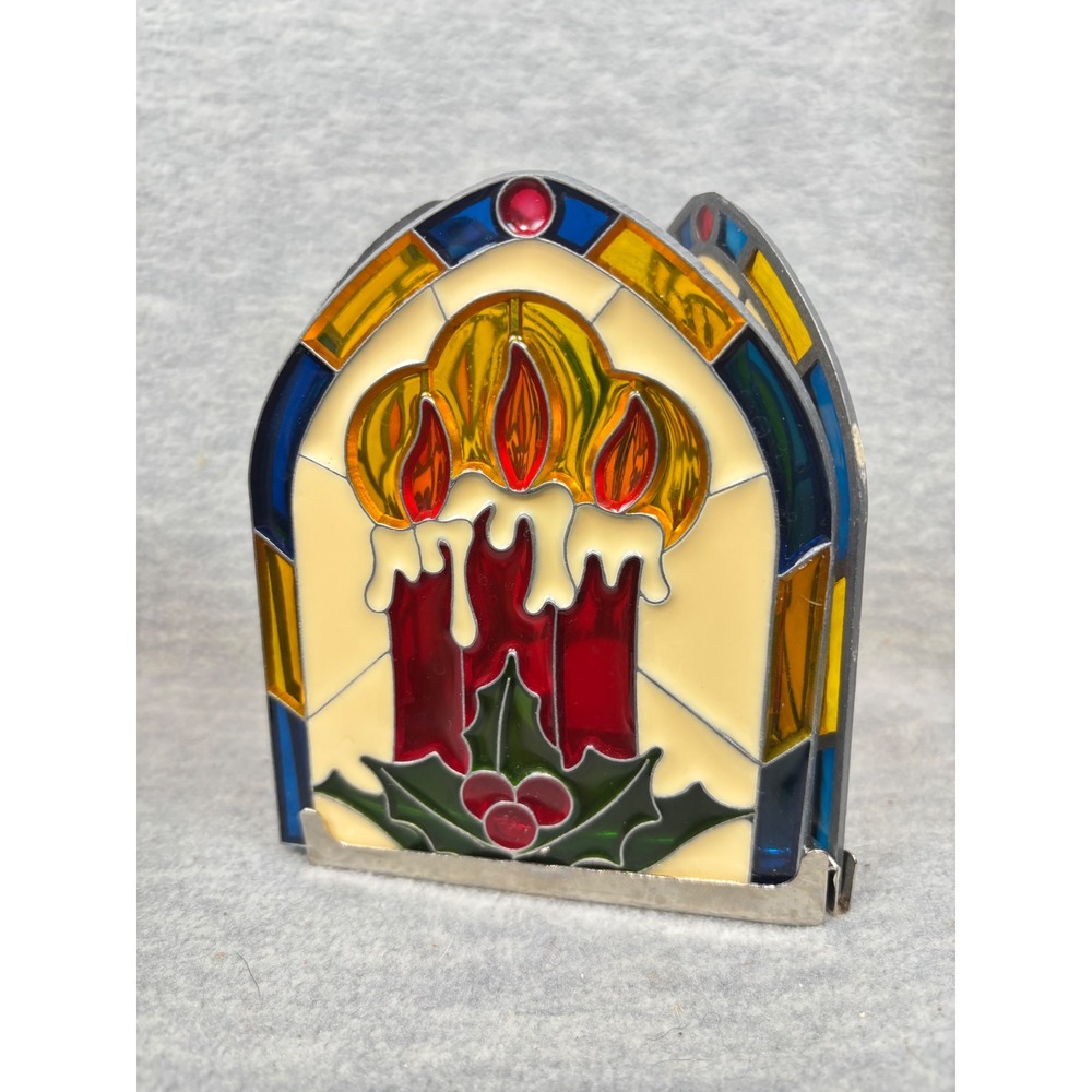 Stained Glass Plastic Christmas Tea Light Candle Holder Holly Berry Arched Panel